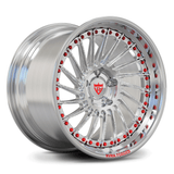Custom forged 2-piece deep dish RV-DN01 wheels with red accents and polished finish, ideal for C7 Corvette upgrades.