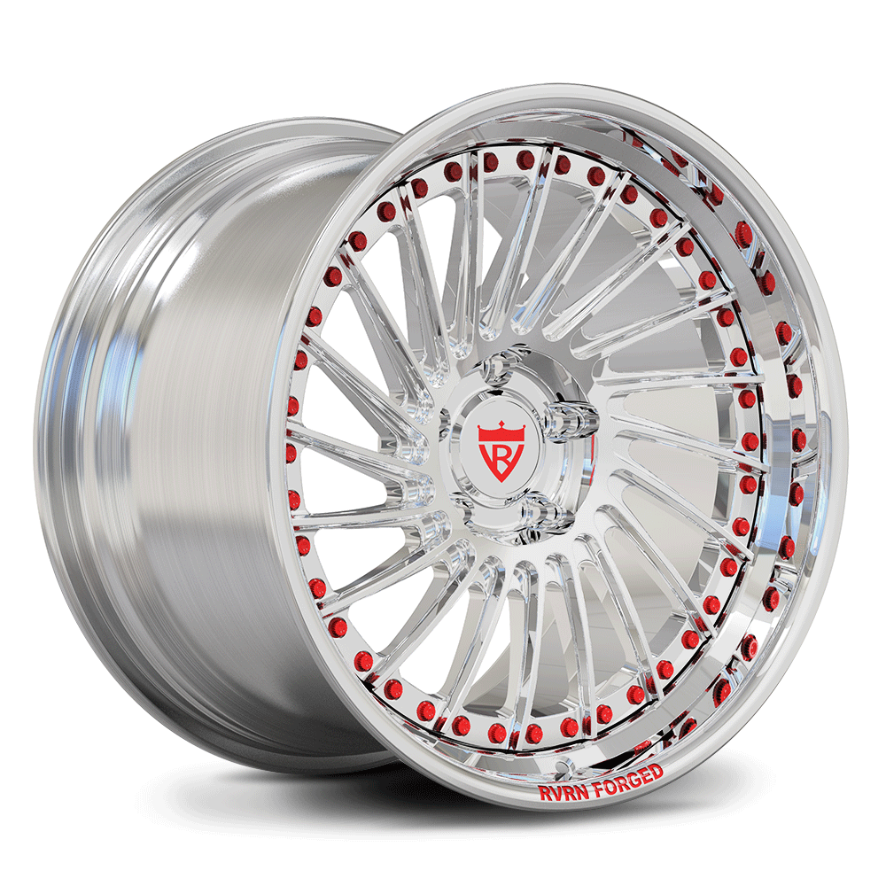 Custom forged 2-piece deep dish wheels with a polished finish and red accents for C7 Corvette and other vehicles.