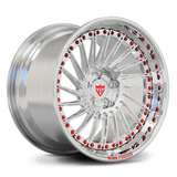 Custom forged 2-piece deep dish wheels with a polished finish and red accents for C7 Corvette and other vehicles.