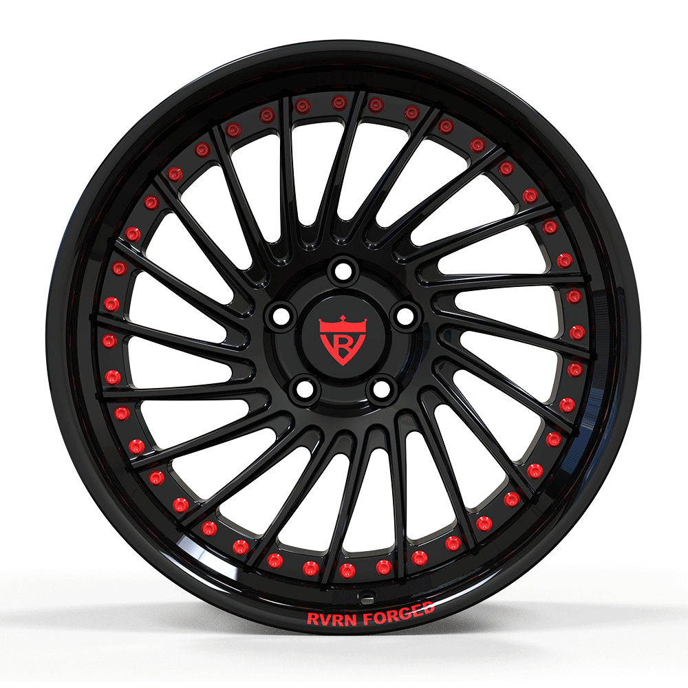 Custom forged black chrome deep dish wheel with red accents, perfect for C7 Corvette aftermarket upgrades.
