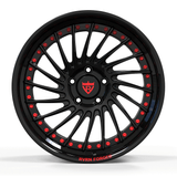 Custom forged black chrome deep dish wheel with red accents, perfect for C7 Corvette aftermarket upgrades.