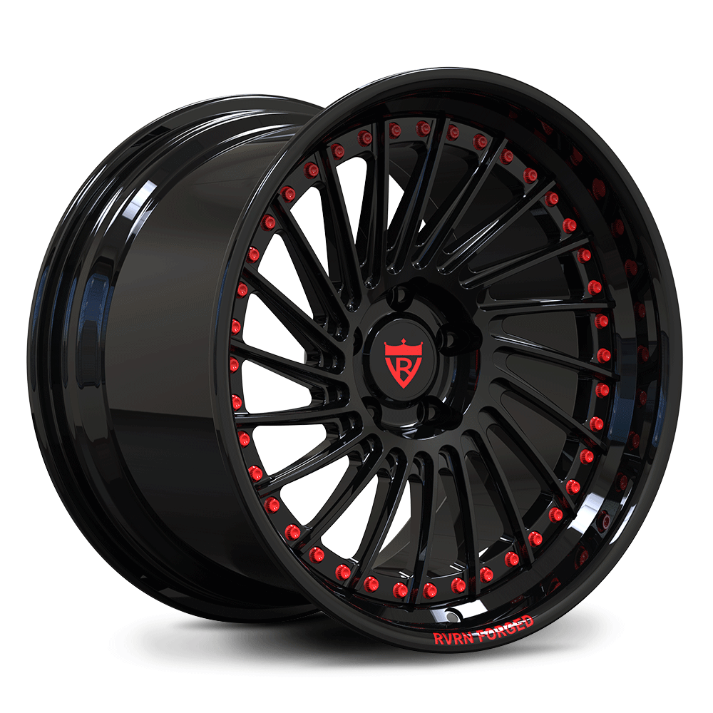 Custom forged black chrome deep dish wheels with red accents for C7 Corvette and aftermarket applications.
