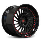 Custom forged black chrome deep dish wheels with red accents for C7 Corvette and aftermarket applications.
