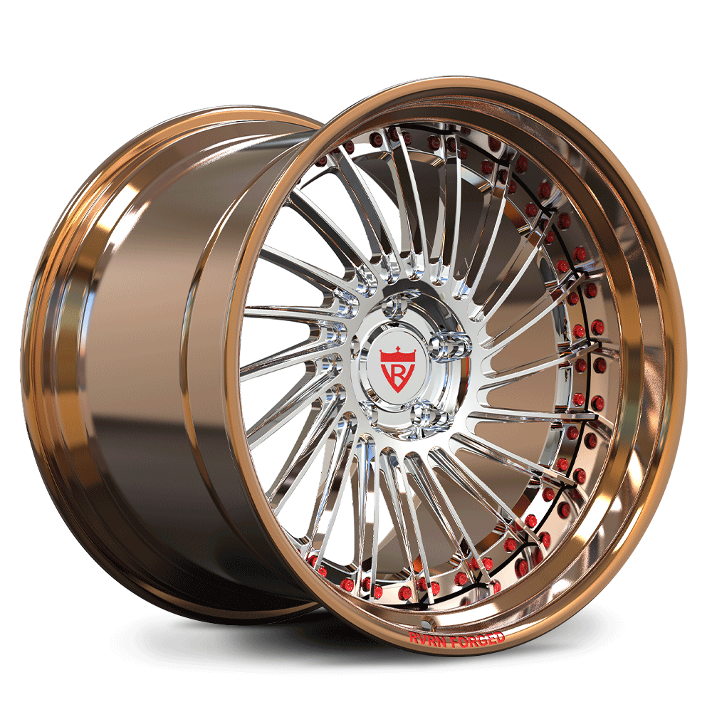 Custom forged 2-piece deep dish wheels in bronze with polished spokes, designed for performance and style.