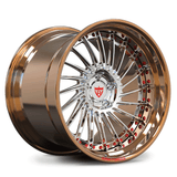 Custom forged 2-piece deep dish wheels in bronze with polished spokes, designed for performance and style.