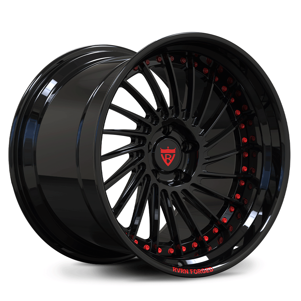 Custom forged deep dish wheels with step lip, black finish, and red accents for a sporty look.