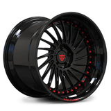 Custom forged deep dish wheels with step lip, black finish, and red accents for a sporty look.