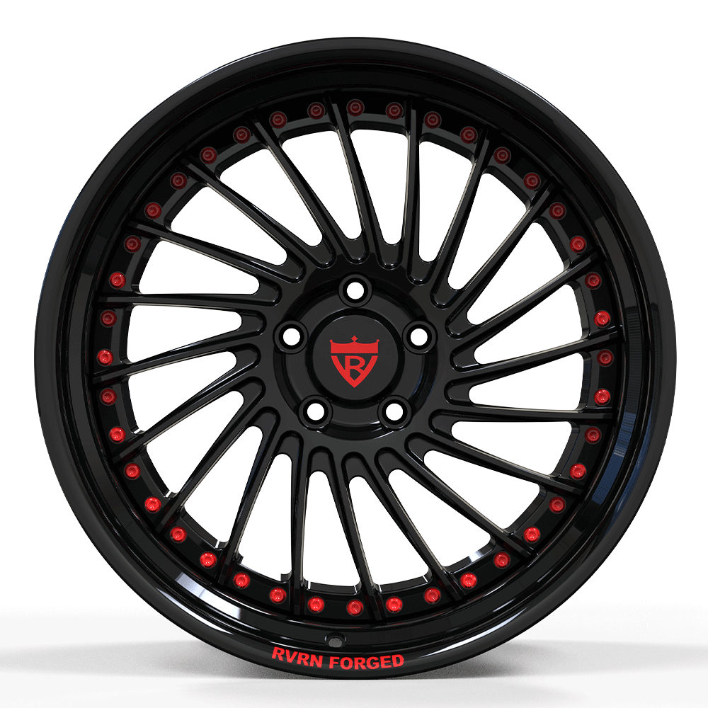 Custom forged black step lip wheel with red accents, designed for deep dish performance and style.