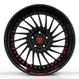 Custom forged black step lip wheel with red accents, designed for deep dish performance and style.