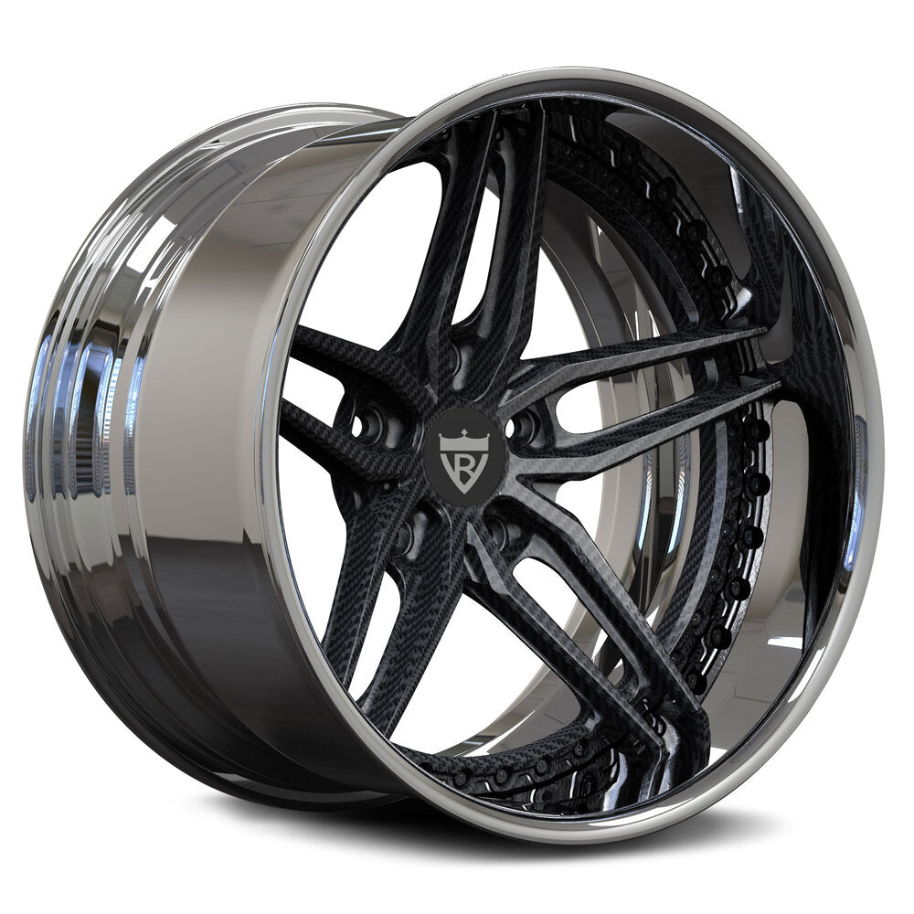 Chrome rims with a classic 5 spoke and deep dish style, carbon fiber wrapped spokes RVRN custom forged 2-piece series