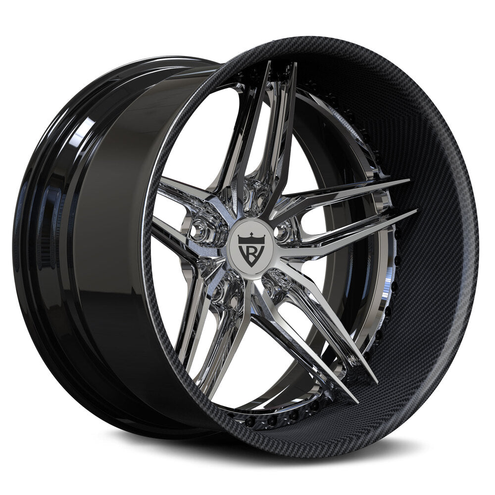 Chrome rims with a classic 5 spoke and deep dish style, carbon fiber wrapped flat lip RVRN custom forged 2-piece series