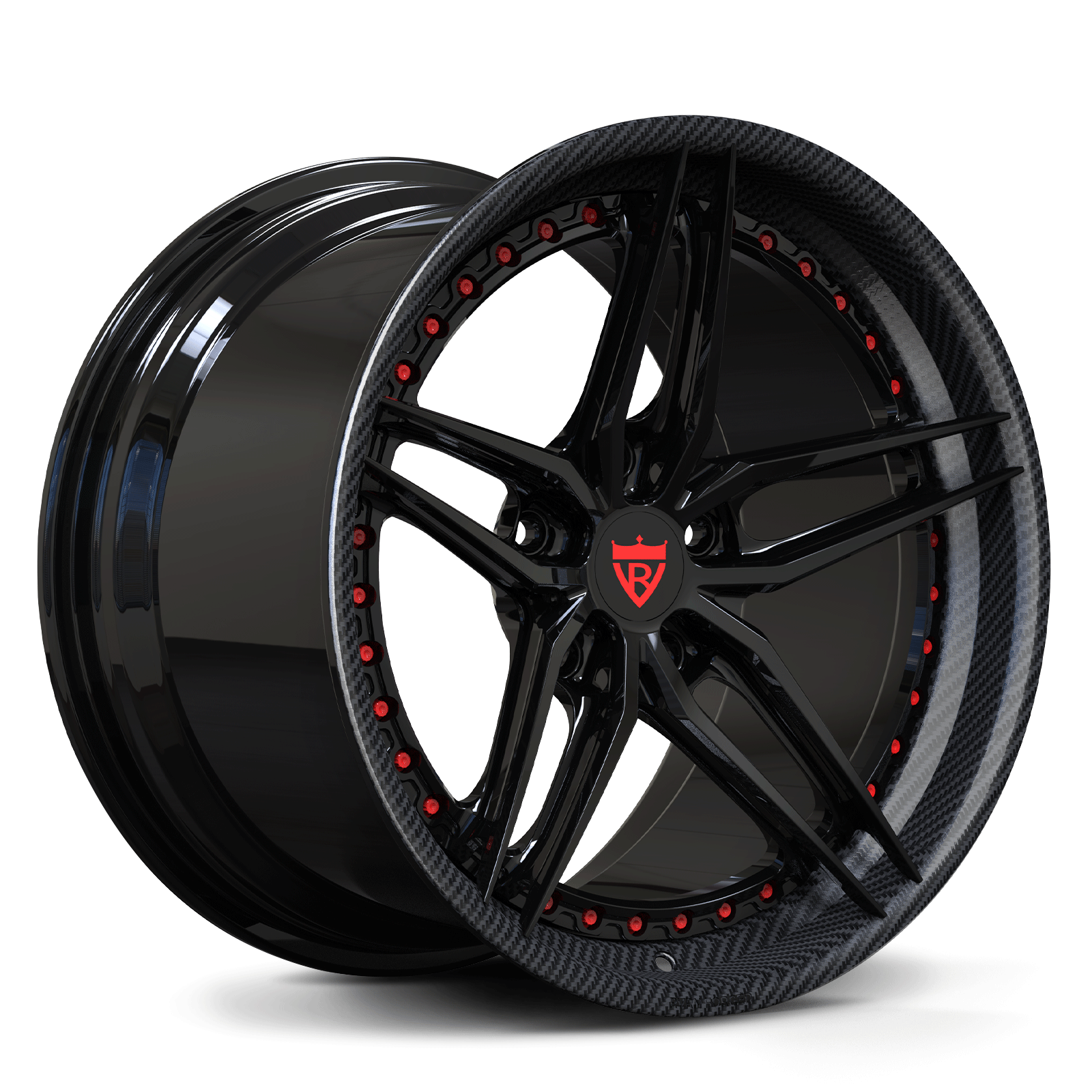 Custom forged 5-spoke carbon fiber wheel with black finish and red accents, designed for Porsche vehicles.