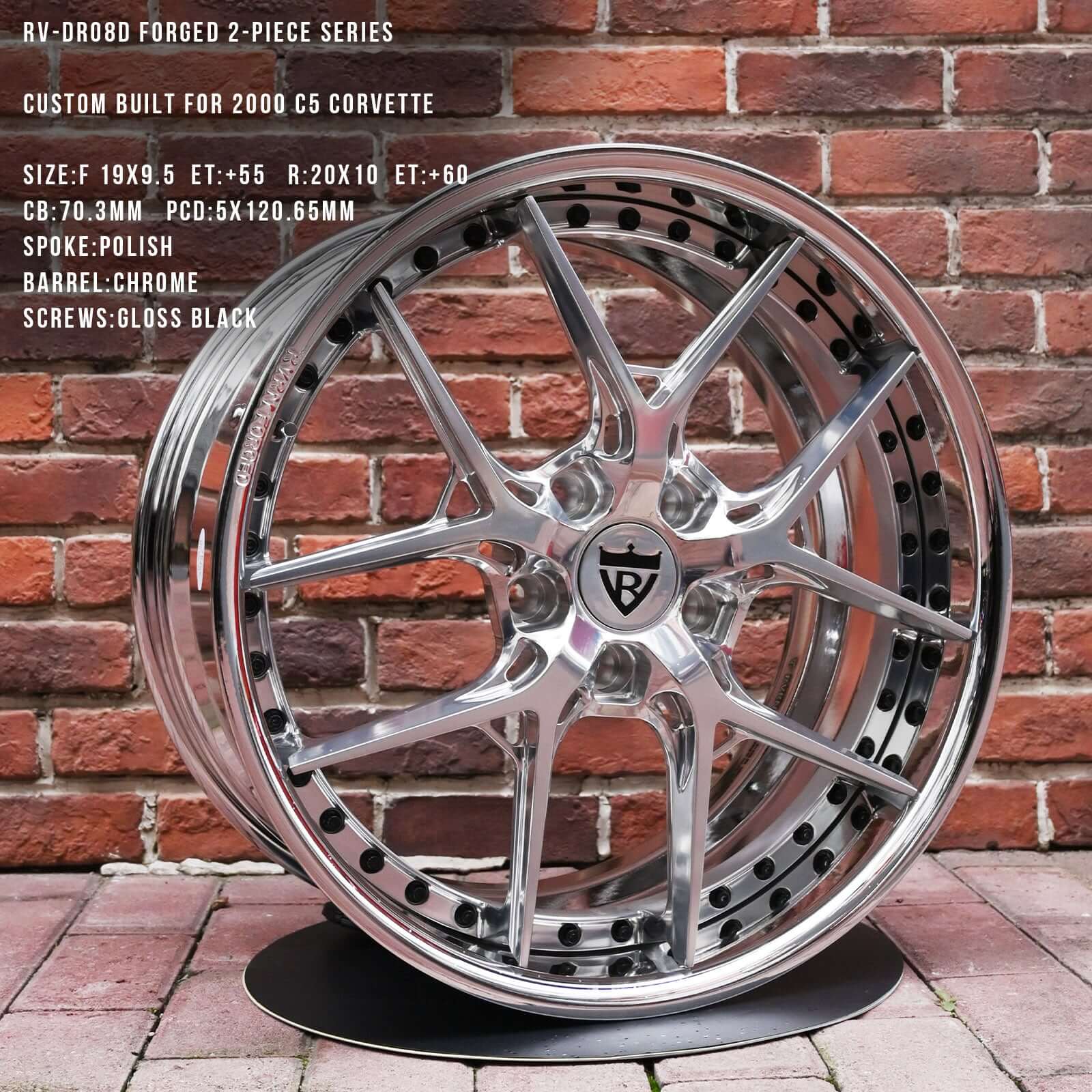 20-inch rear deep dish wheel for C5 Corvette – gloss black screws & chrome lip