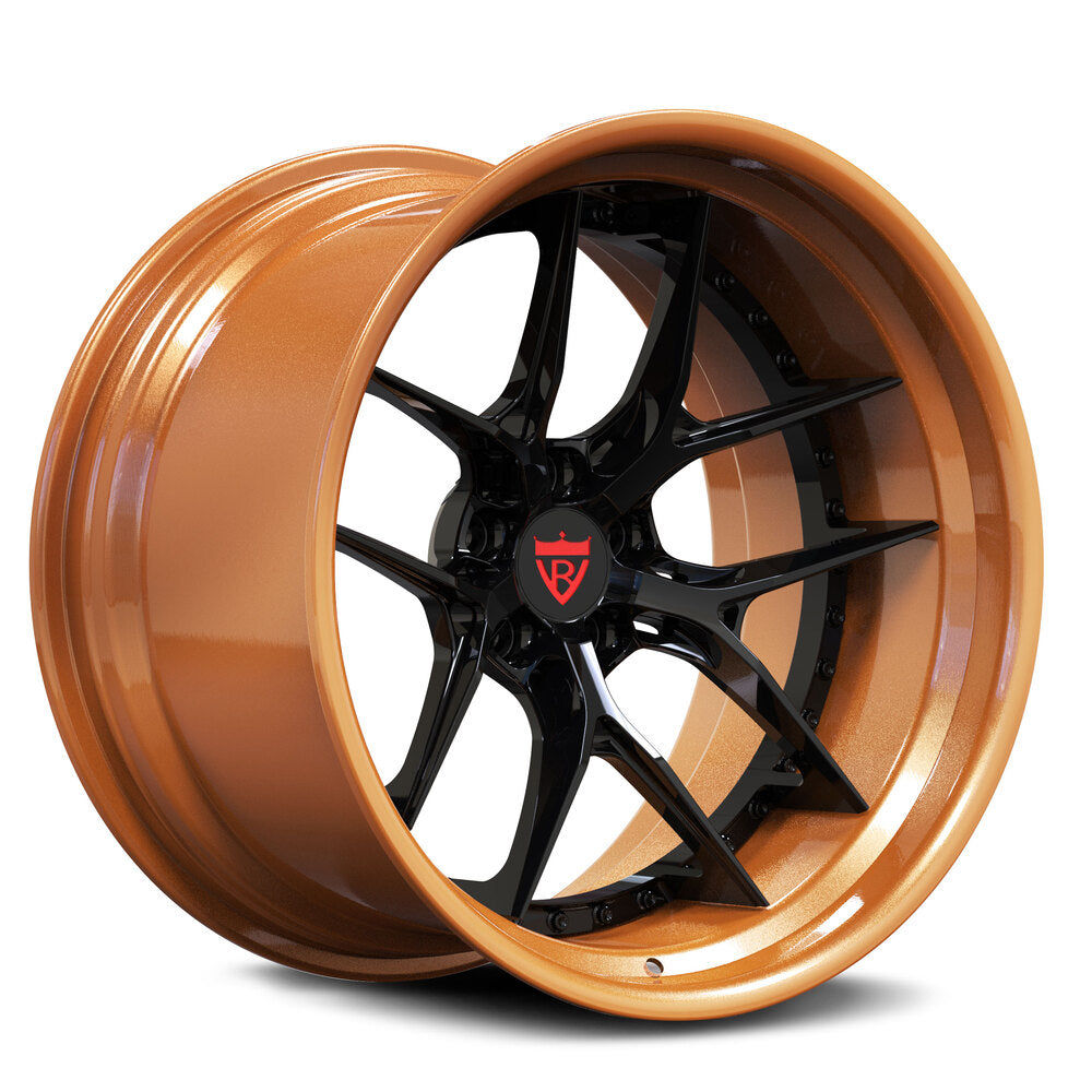 Custom forged deep dish wheels in copper finish with black spokes, perfect for Ford Mustang and custom applications.