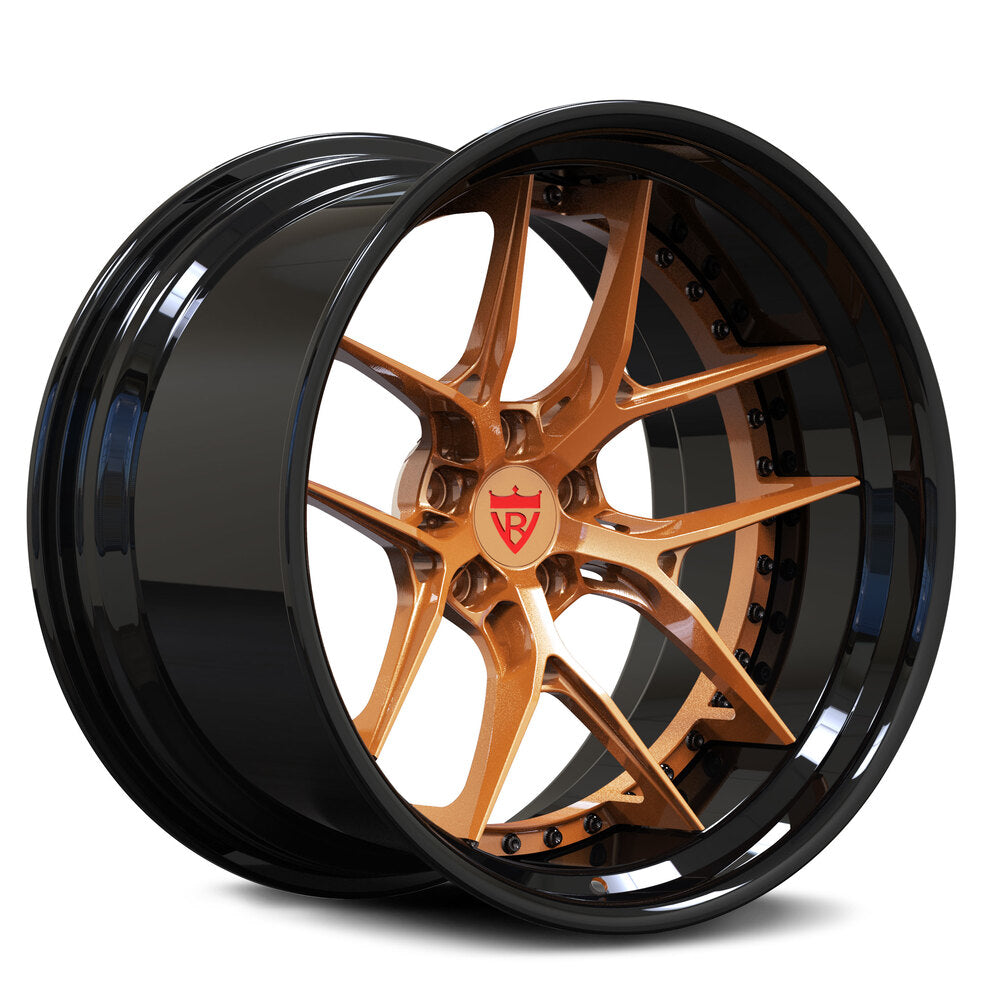 Custom forged 2-piece deep dish wheels in black and bronze finish, ideal for Ford Mustang and high-performance vehicles.