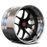 Custom forged 2-piece deep dish wheels for Ford Mustang, featuring sleek black finish and polished lip.