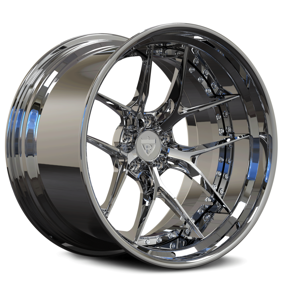 Custom forged 2-piece deep dish wheels, RV-DR08D, available for Ford Mustang with a sleek chrome finish.