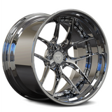 Custom forged 2-piece deep dish wheels, RV-DR08D, available for Ford Mustang with a sleek chrome finish.