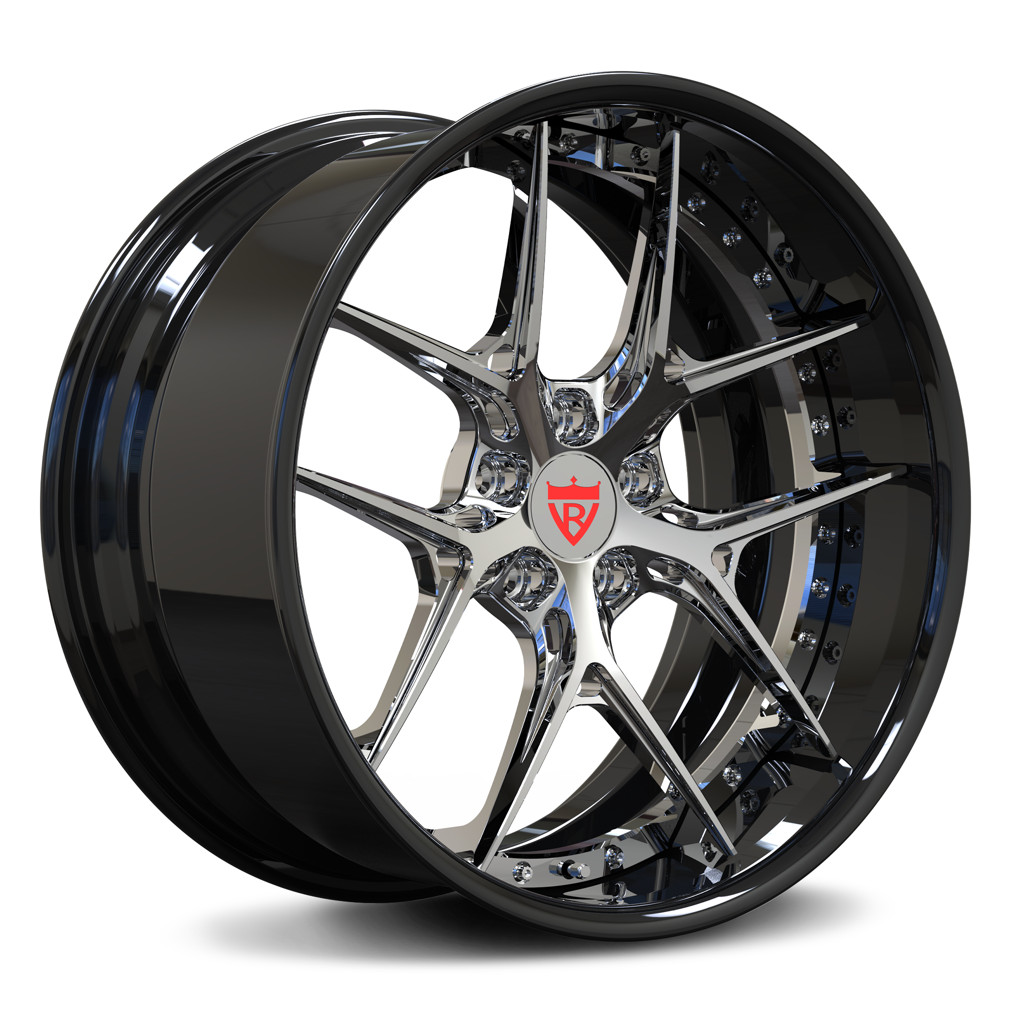Custom forged 2-piece wheels for Maserati Granturismo, featuring a sleek black and chrome design.