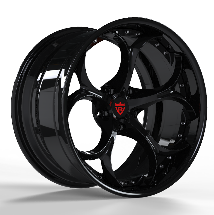 Custom 2 piece forged wheels in black finish, designed for vehicles, high-performance aftermarket rims.