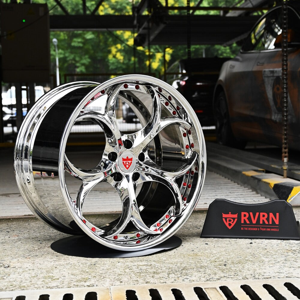Custom forged RVRN wheels showcased in chrome finish, designed for performance and style in various vehicle applications.