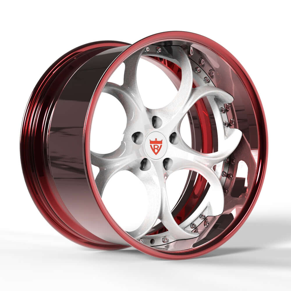 Custom forged deep lip wheel featuring a sleek design and unique red and silver finish.