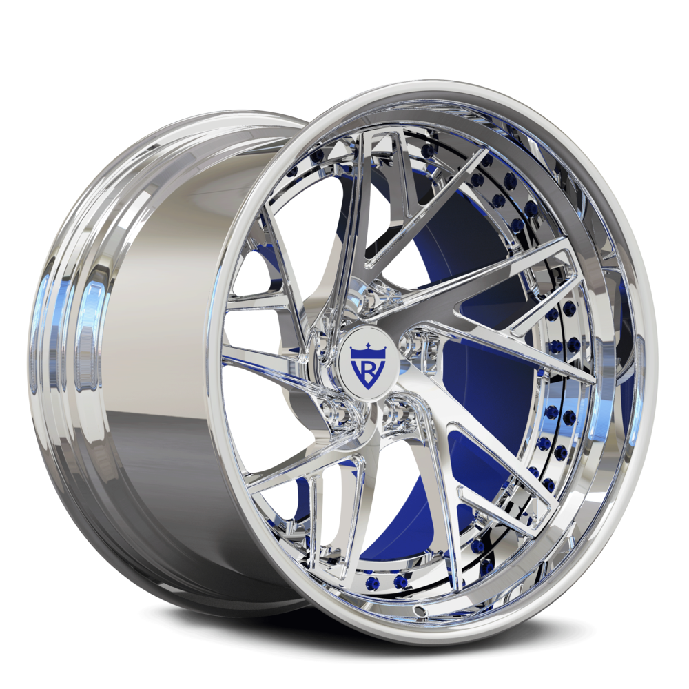 Custom 2-piece forged concave deep dish wheel with chrome finish and blue accents for Pontiac Trans Am.
