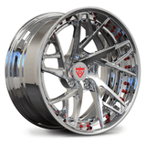 Custom forged RV-DS74 wheel, designed for Tesla Model Y, featuring a chrome finish and modern multi-spoke design.