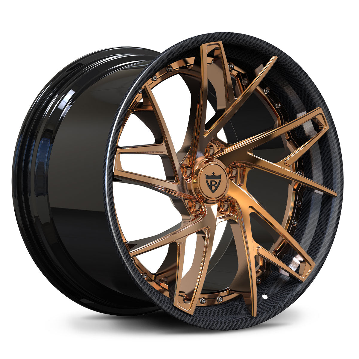 Custom 2-piece forged wheel RV-DS74, featuring bronze accents and a sleek design for Tesla Model Y performance wheels.