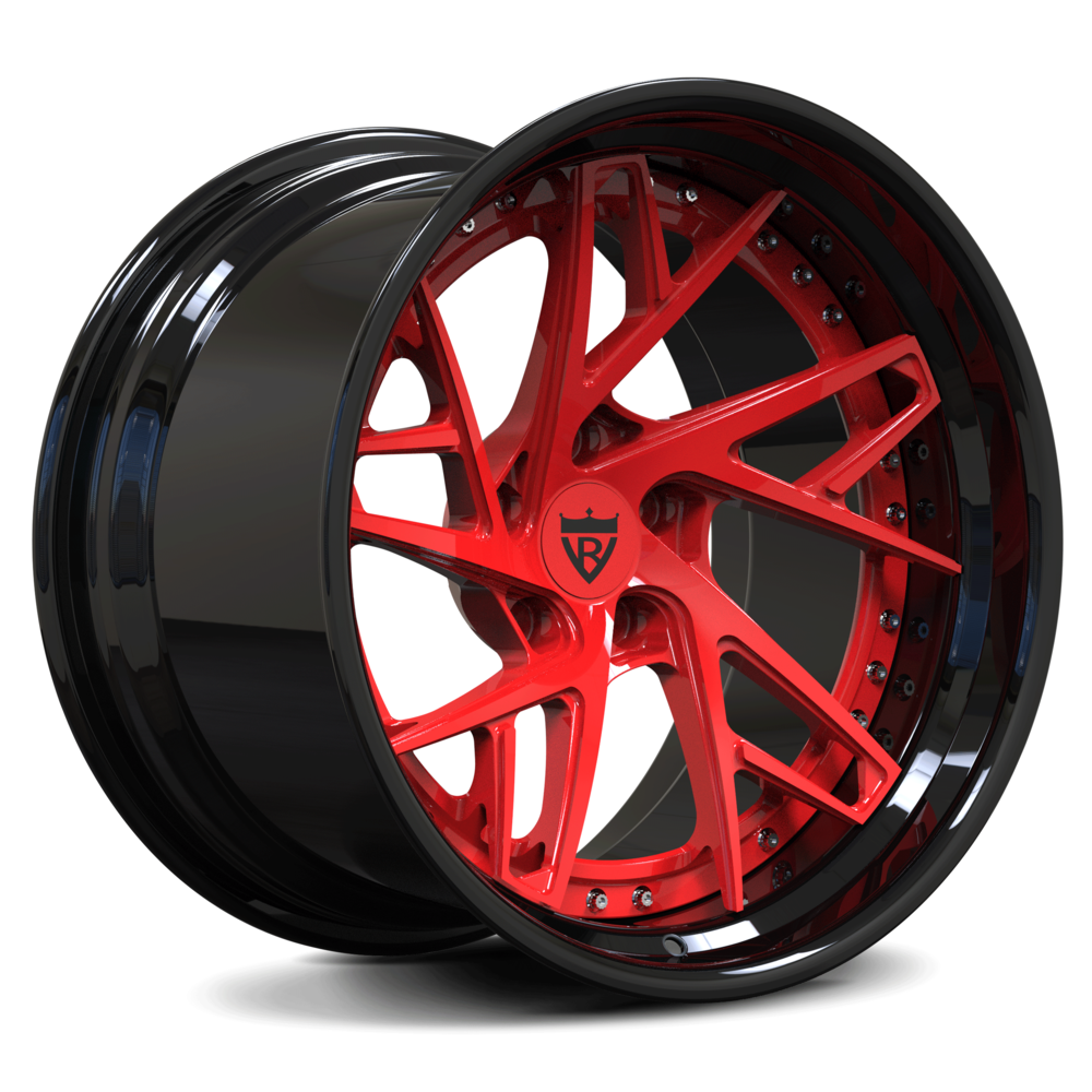 Custom 2-piece forged deep concave wheel in black and red, ideal for Pontiac Trans Am and Firebird rims.