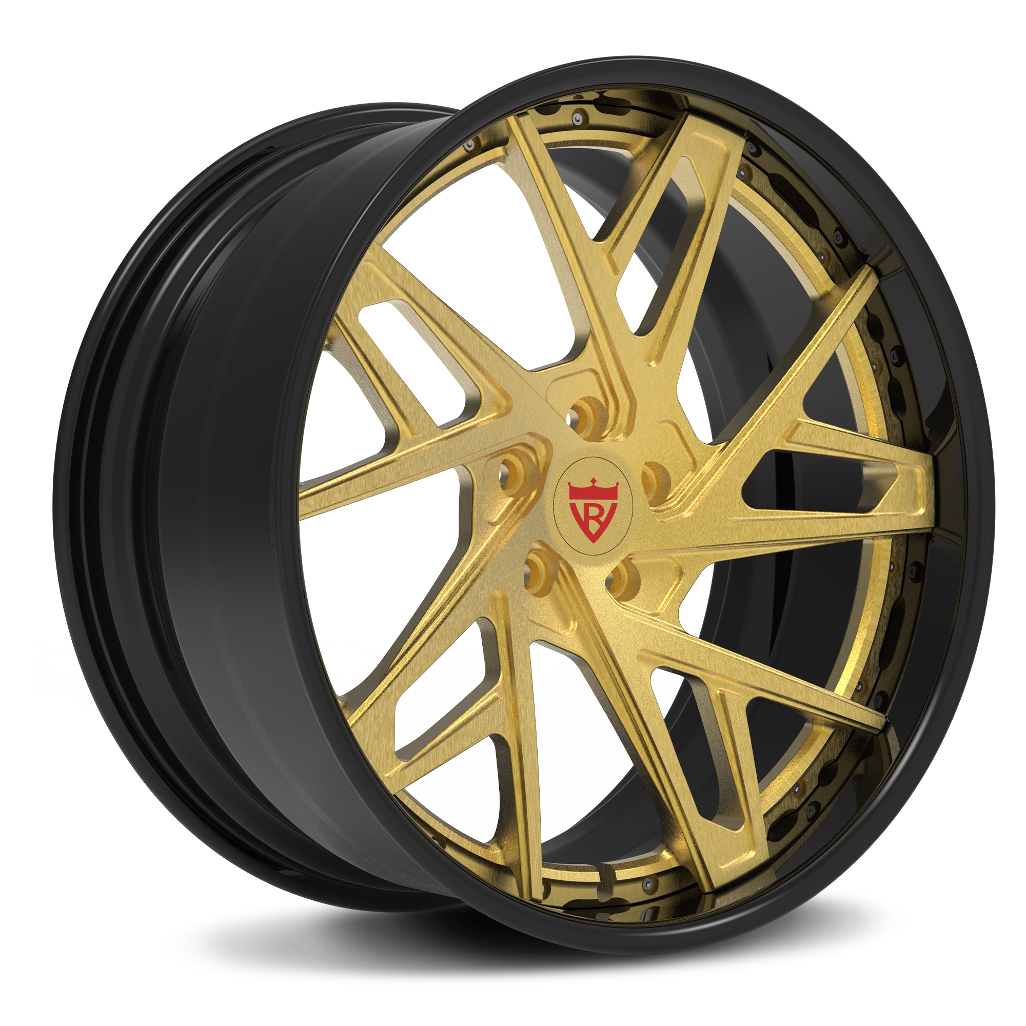 Custom 2-piece forged wheel in black and gold finish, designed for Tesla Model 3 aftermarket upgrades.