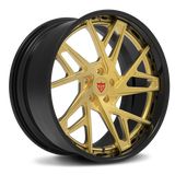 Custom 2-piece forged wheel in black and gold finish, designed for Tesla Model 3 aftermarket upgrades.