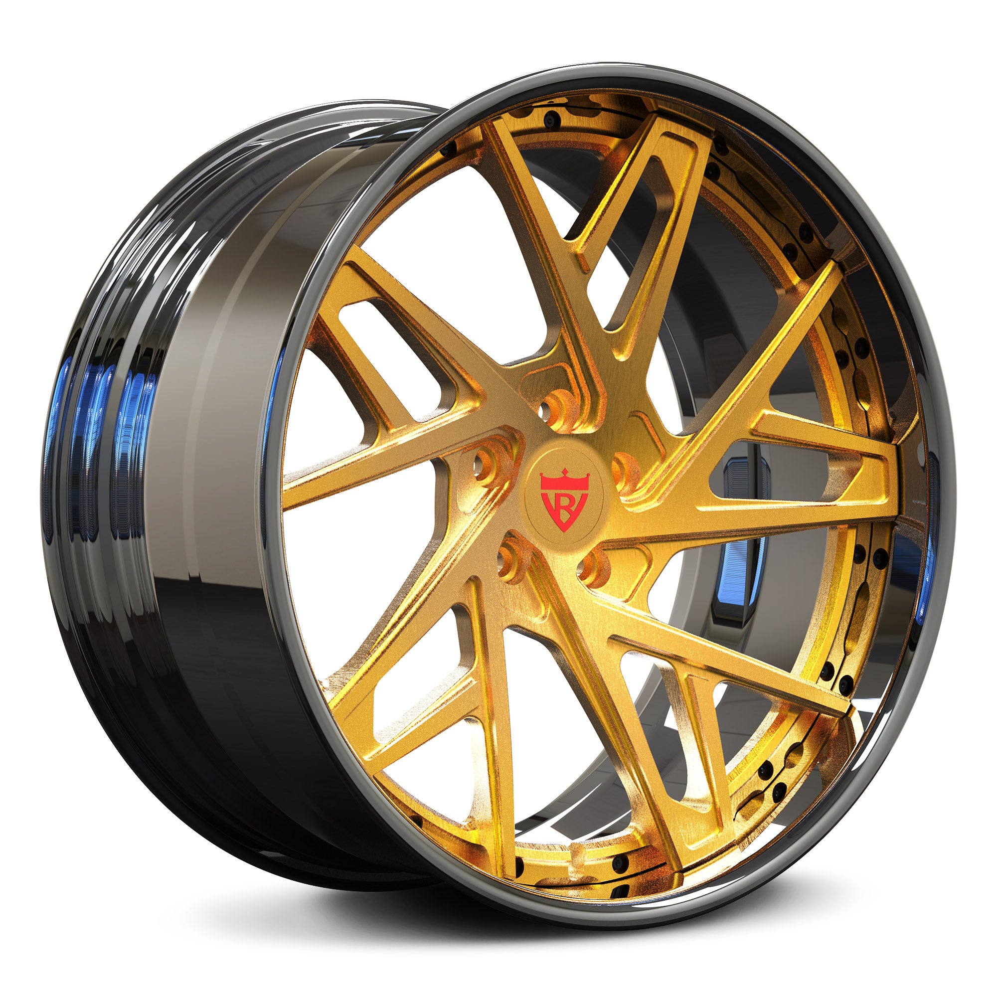 Custom forged wheel with gold finish and intricate design, ideal for Tesla Model 3 aftermarket wheels.