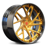 Custom forged wheel with gold finish and intricate design, ideal for Tesla Model 3 aftermarket wheels.