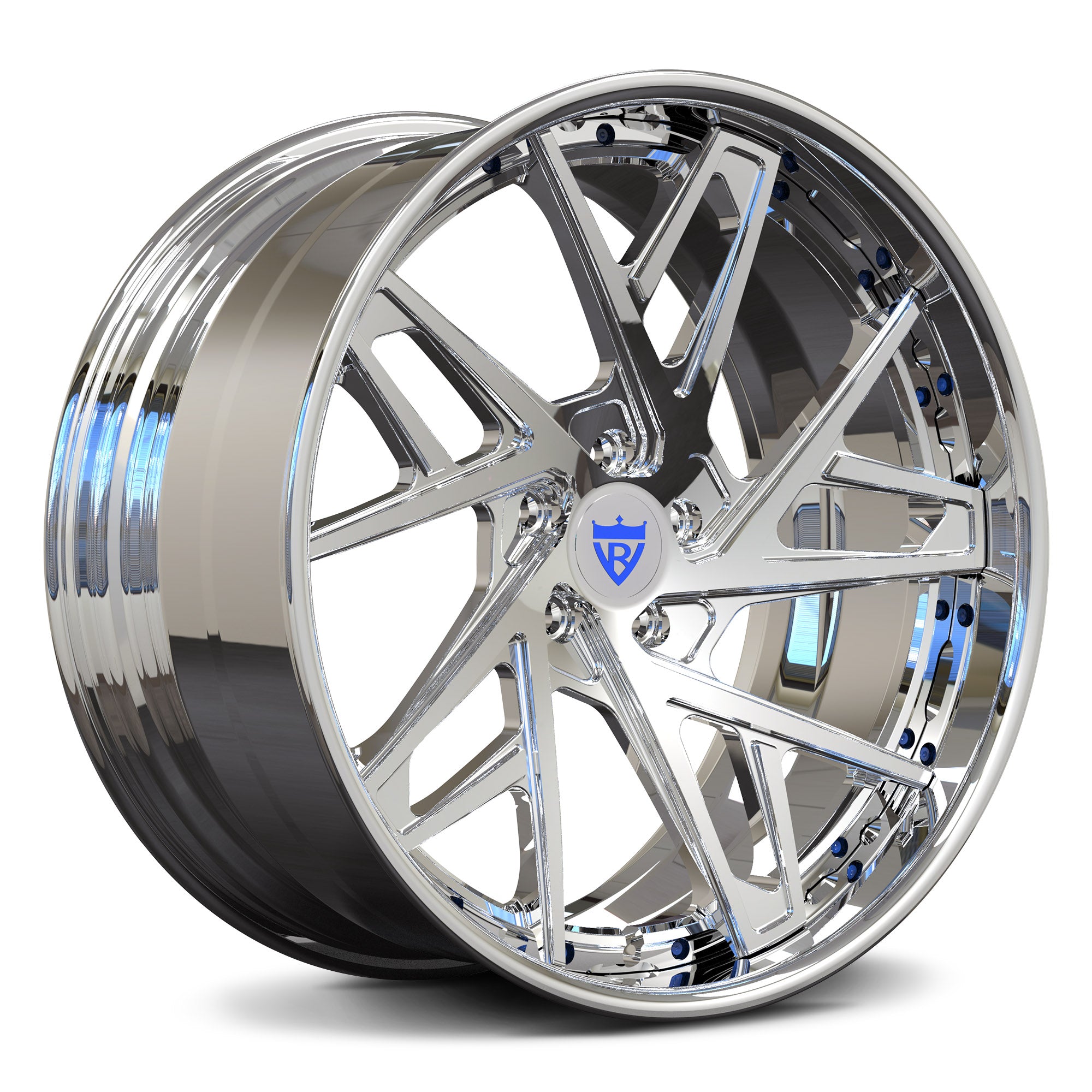 Custom 2 piece forged wheel RV-DS74, designed for Tesla Model 3, featuring a shiny chrome finish and unique spoke pattern.