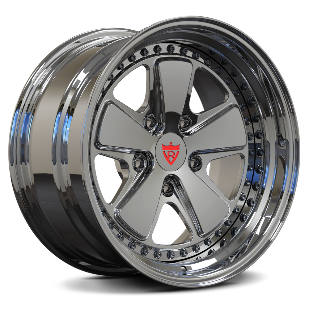 Custom forged 5 spoke wheels in chrome finish for Porsche 911, showcasing deep dish design and high-quality craftsmanship.