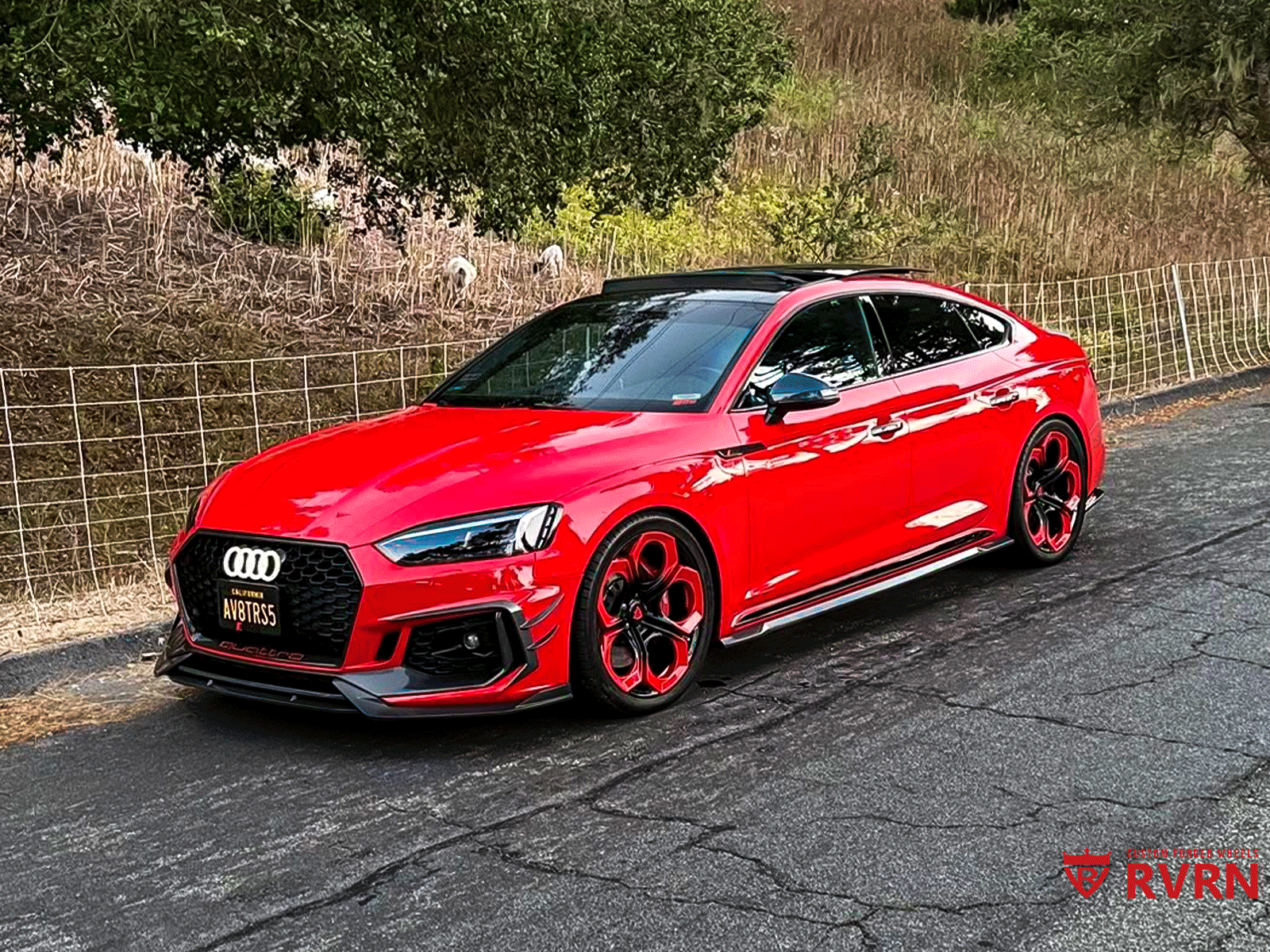 2019 Audi RS5 in striking red with custom black wheels, featuring a 20x9 RVRN forged wheel setup.