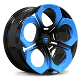 Custom forged monoblock wheel in black with blue accents, designed for performance vehicles. Unique and stylish design.