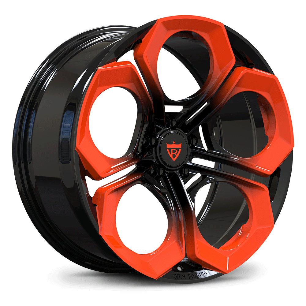 Custom forged monoblock wheel in red and black finish, designed for Audi RS5 and other vehicles, super concave style.