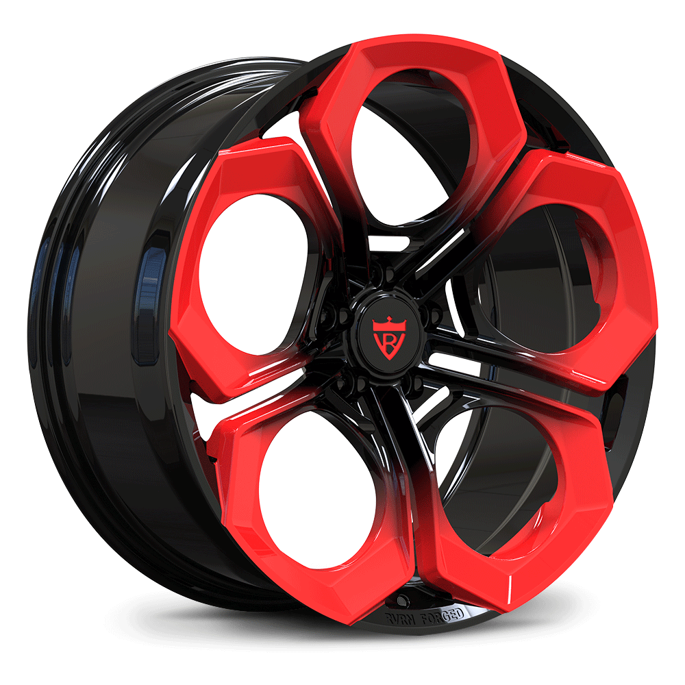 Custom forged mono-block wheel in black with red accents, super concave design, ideal for Audi RS5 and bespoke applications.