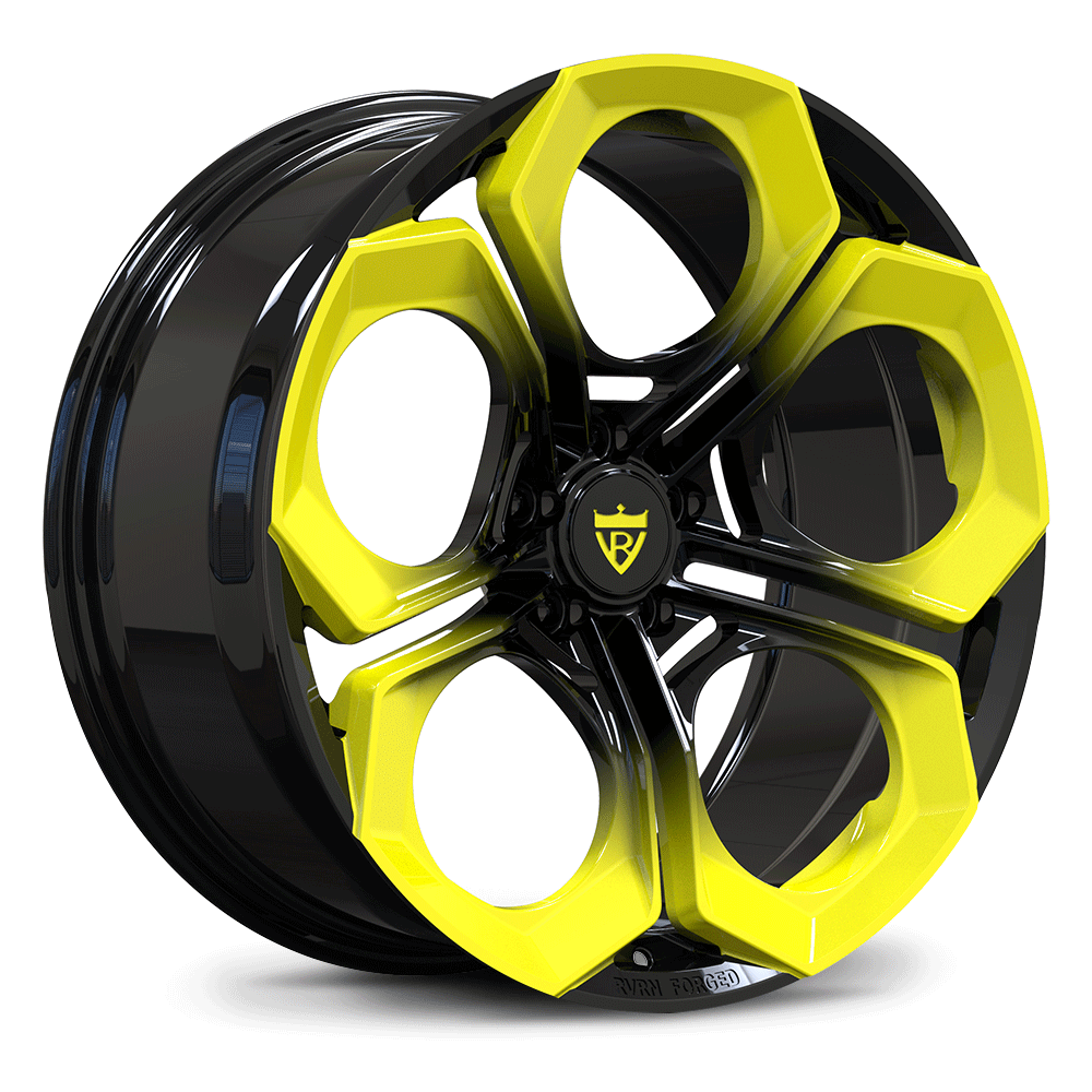 Custom forged monoblock wheel in black and bright yellow, featuring a super concave design, perfect for Audi RS5 wheels.