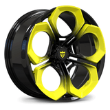 Custom forged monoblock wheel in black and bright yellow, featuring a super concave design, perfect for Audi RS5 wheels.