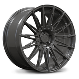 Custom forged monoblock wheel in glossy black finish, designed for Acura MDX, featuring 22-inch size and intricate spoke pattern.