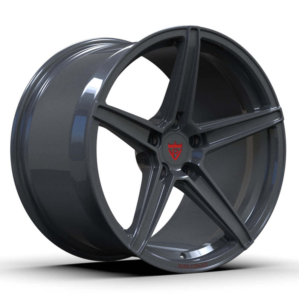 Custom 5 spoke forged wheel in dark grey finish, ideal for Corvette C8 and performance vehicles.