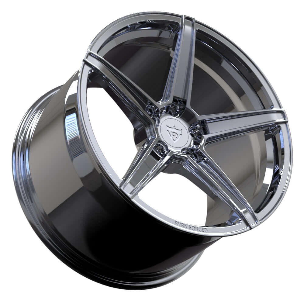Custom forged 5 spoke wheel in chrome finish, designed for Corvette C8 and high-performance vehicles.