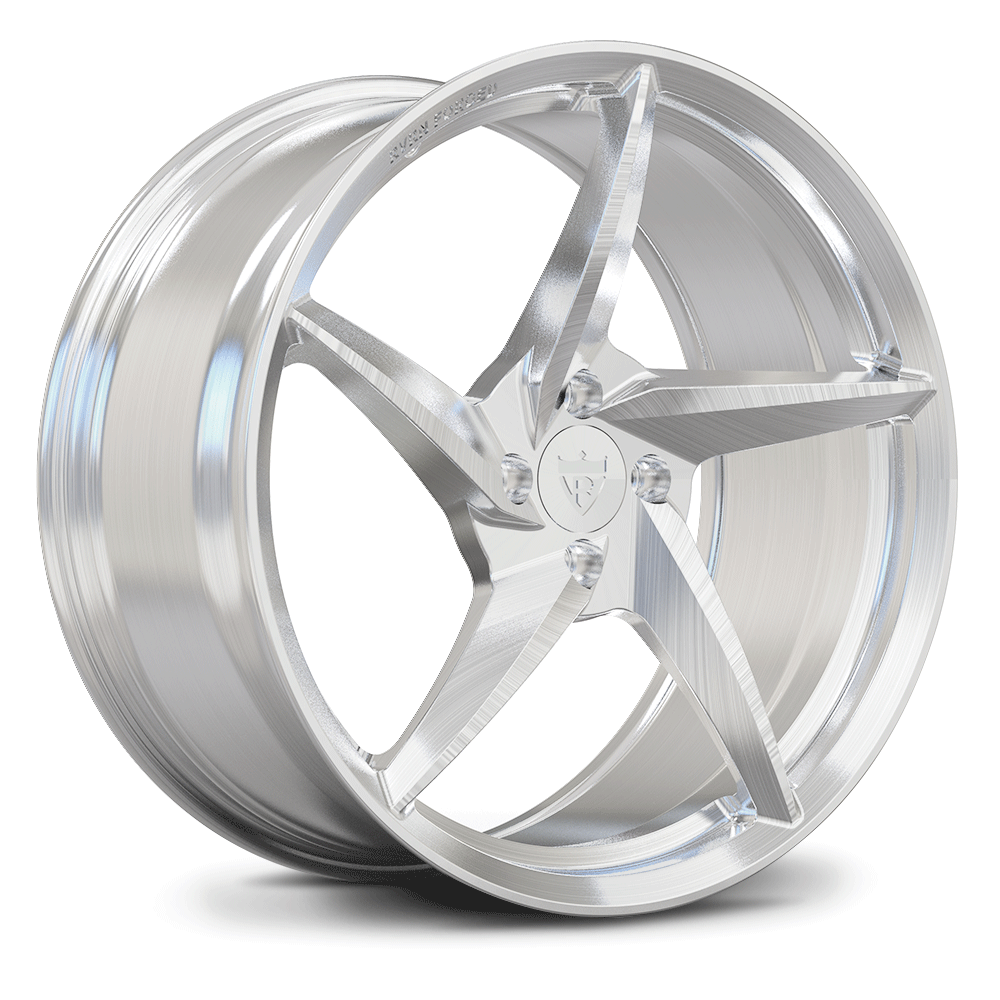 Custom forged 5 spoke monoblock wheel, polished aluminum design for Ford Mustang 4 lug setups.