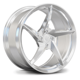 Custom forged 5 spoke monoblock wheel, polished aluminum design for Ford Mustang 4 lug setups.