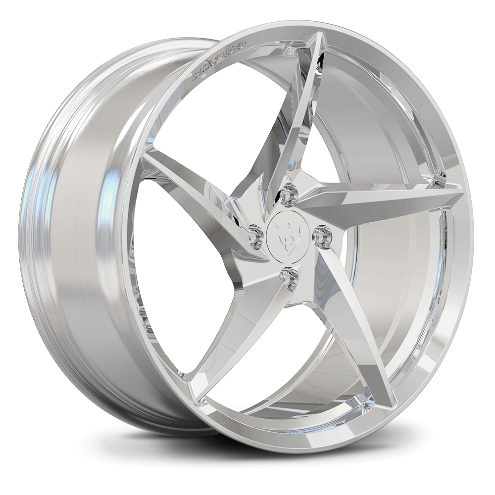 Custom forged 5 spoke monoblock wheel designed for Ford Mustang, featuring polished aluminum for a sleek look.