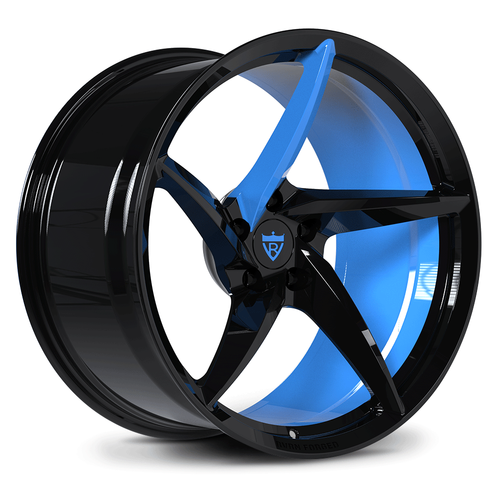 CUSTOM FORGED 5 SPOKE MONOBLOCK SUPER CONCAVE WHEELS: RV-MC35 in black and blue finish, designed for performance and style.