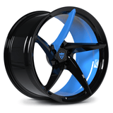 CUSTOM FORGED 5 SPOKE MONOBLOCK SUPER CONCAVE WHEELS: RV-MC35 in black and blue finish, designed for performance and style.